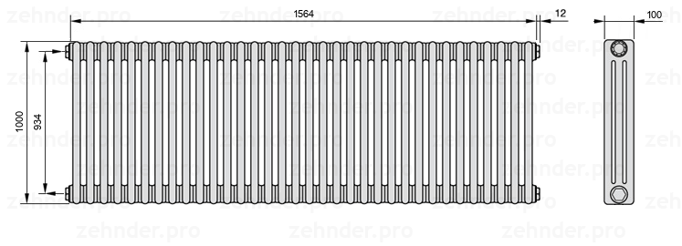 Схема (чертеж) Радиатор Zehnder Charleston 3100/34 №1270 Белый глянцевый RAL 9016